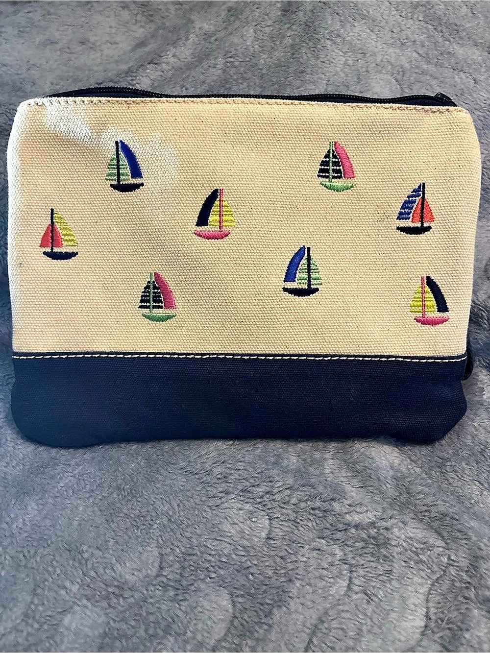 Lands' End Embroidered Zipper Canvas Pouch Wristlet Blue & Beige. EUC